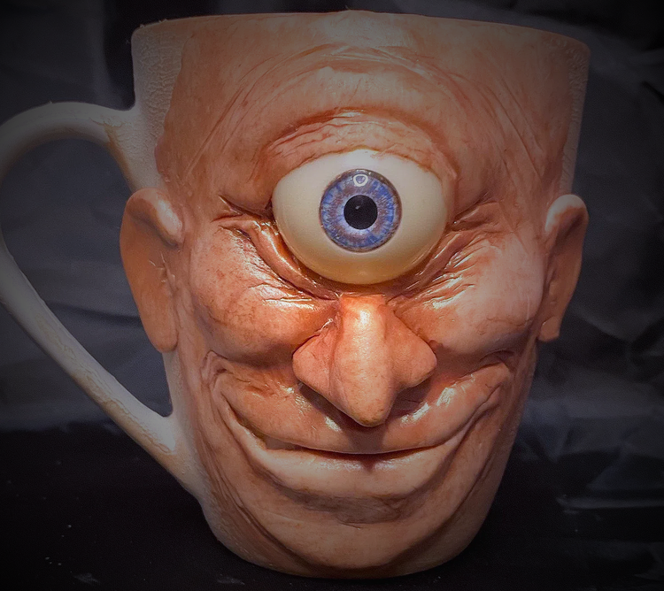 Happy Bug-Eyed Cyclops Ugly-Mug: A Unique Handmade Sculpture, perfect for a Holiday gift
